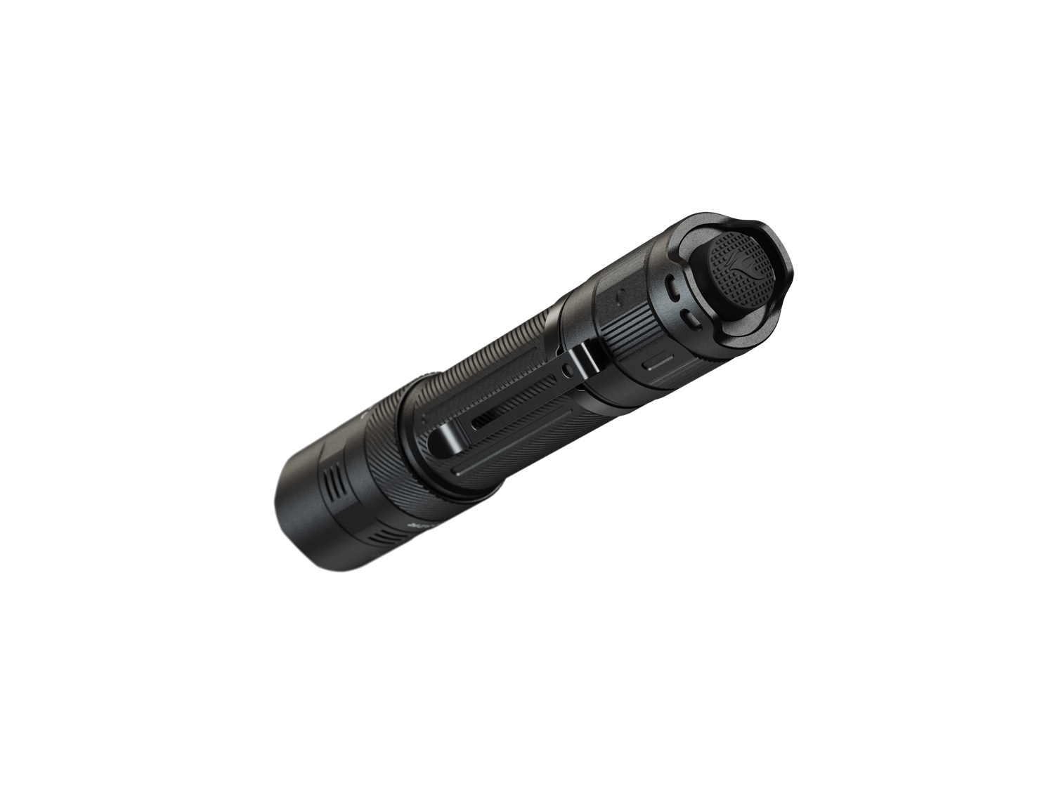 Fenix PD32R rechargeable tactical LED flashlight with silent switch, black body, and compact design for outdoor or tactical use.