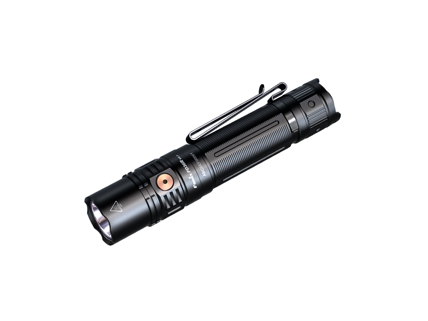 Fenix PD36R V2 rechargeable tactical flashlight emitting bright light, compact design, with textured grip and LED lens.