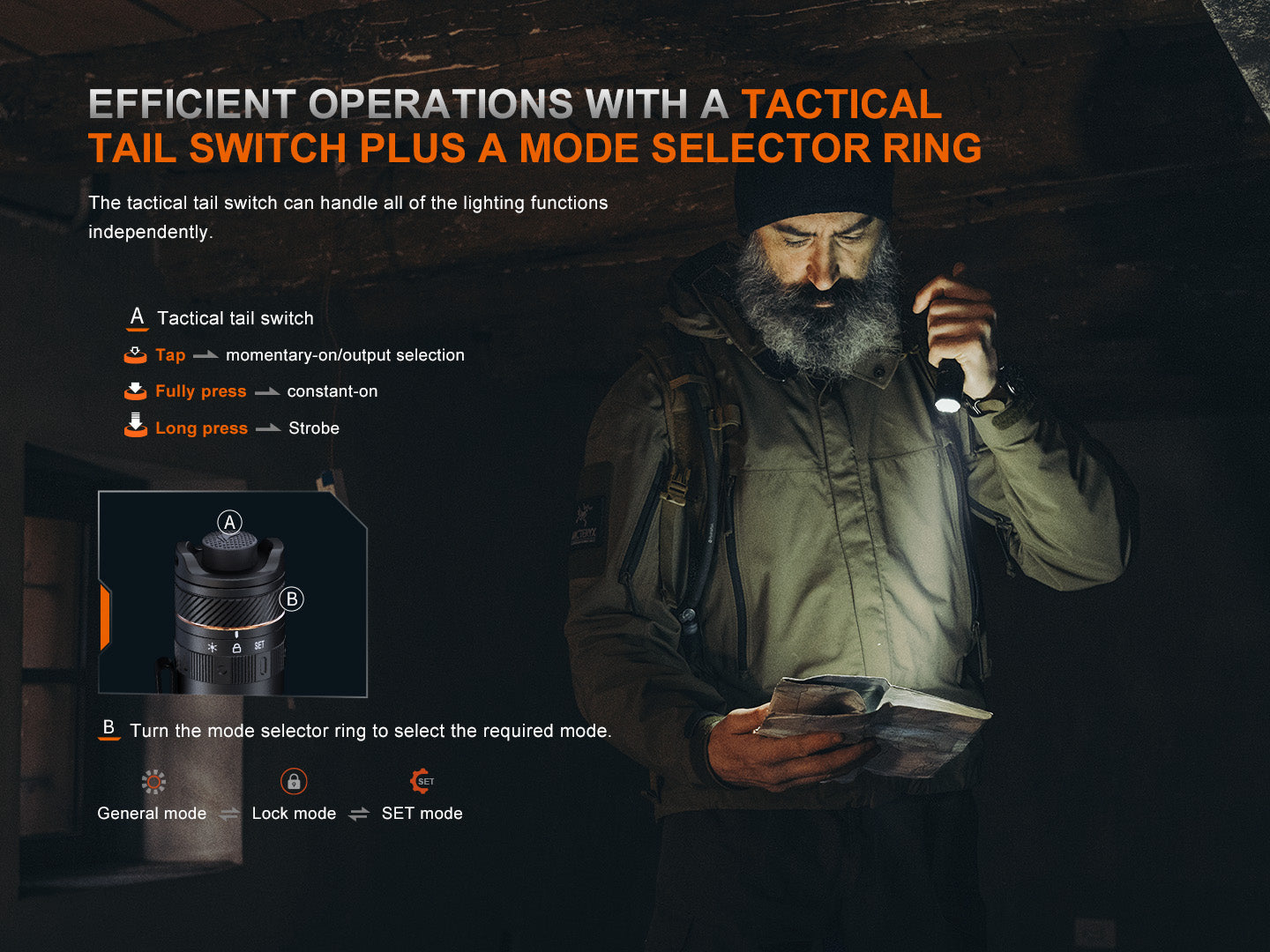 Fenix PD45R ACE tactical flashlight with multiple modes, black body, and textured grip for outdoor and tactical use.