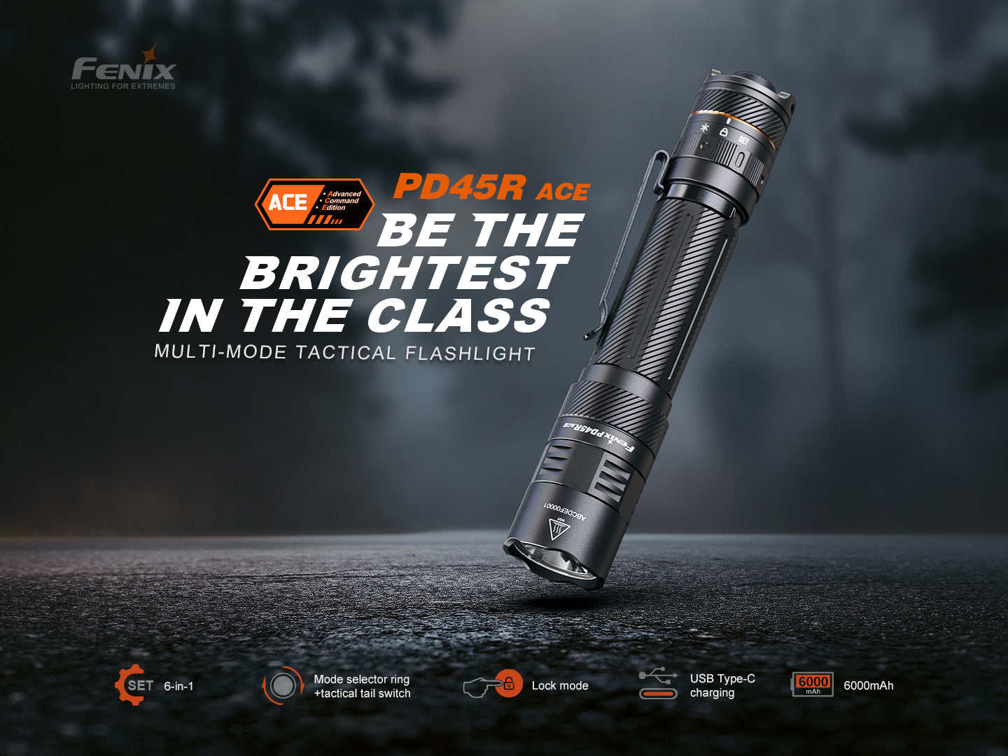 Fenix PD45R ACE tactical flashlight with multi-mode LED, black body, and textured grip for outdoor and tactical use.