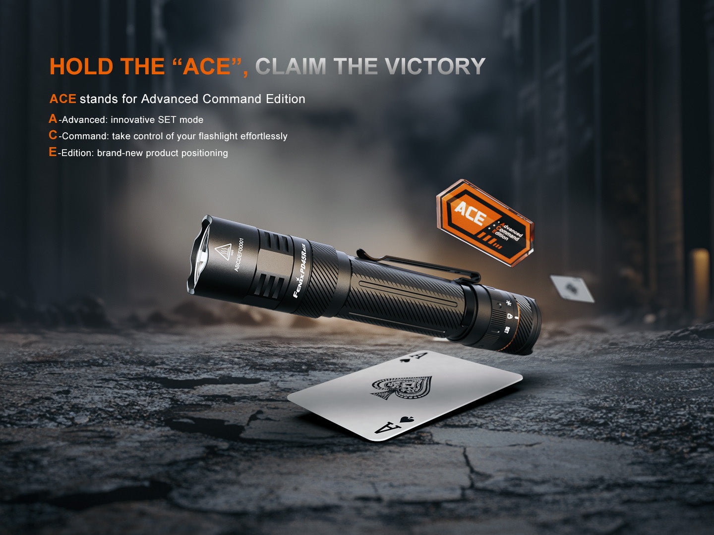 Fenix PD45R ACE tactical flashlight with multi-mode beam, black body, and textured grip for outdoor and tactical use.