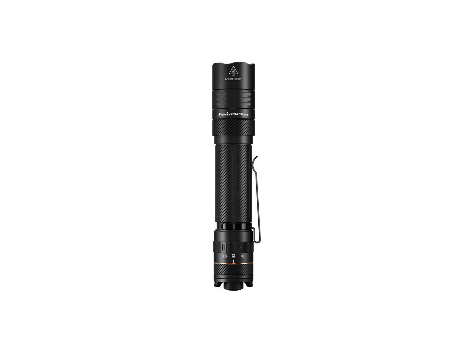 Fenix PD45R ACE tactical flashlight with adjustable beam, black body, and textured grip for outdoor and tactical use.