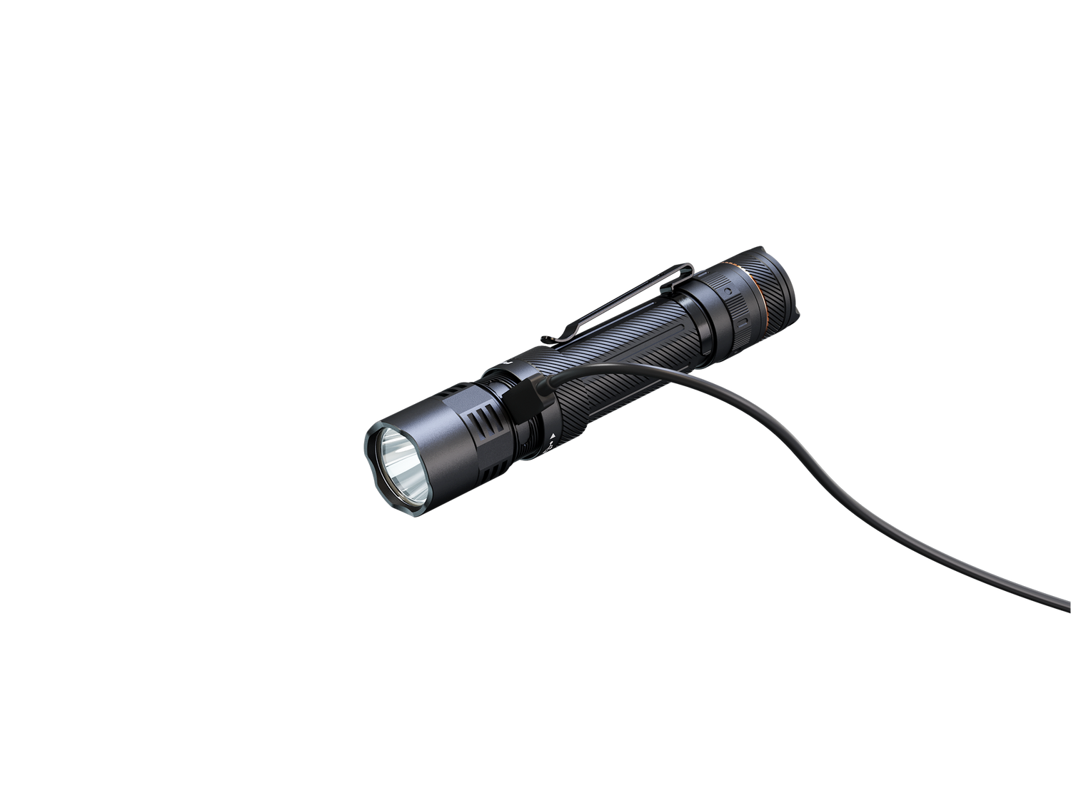 Fenix PD45R ACE tactical flashlight with multiple modes, black body, and textured grip for outdoor or tactical use.