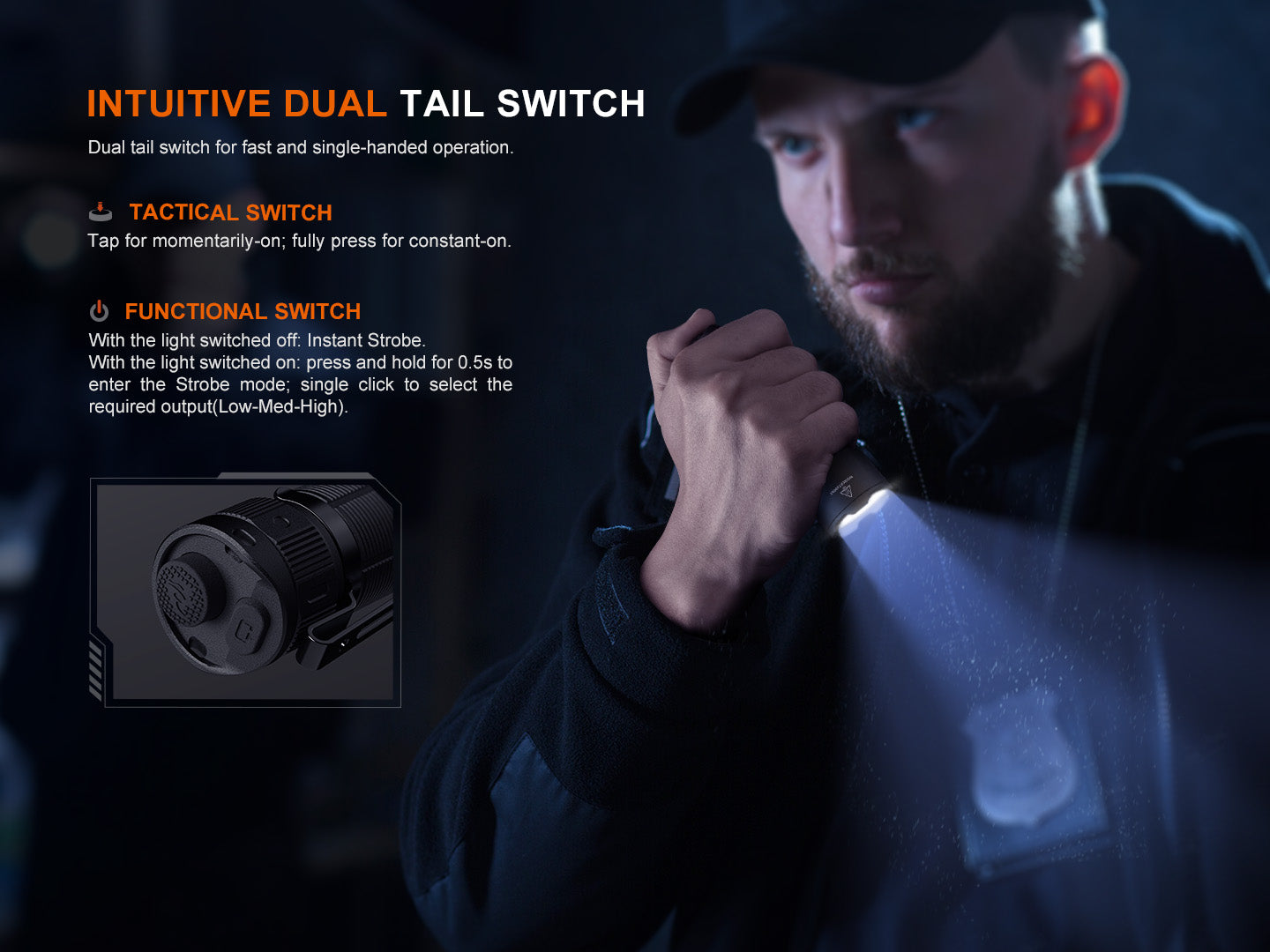 Fenix TK05R compact tactical EDC flashlight with black body, textured grip, and adjustable focusing lens.