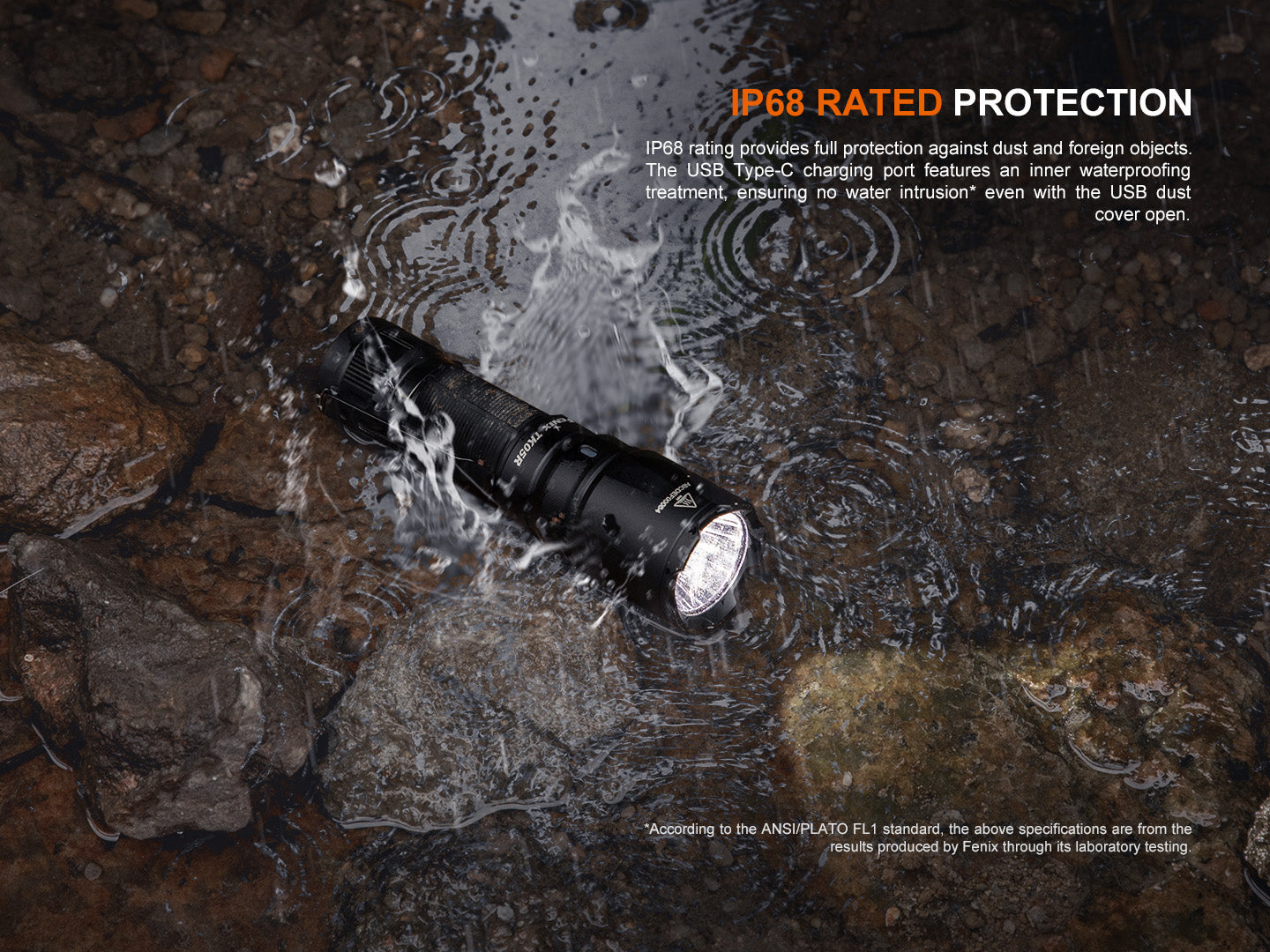 Fenix TK05R compact tactical EDC flashlight with black aluminum body, focusing lens, and textured grip for handheld use.