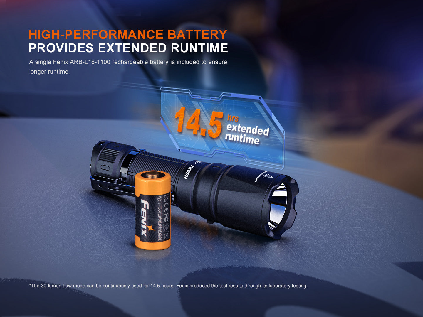 Fenix TK05R compact tactical EDC flashlight with black body, textured grip, and LED lens, designed for outdoor and tactical use.