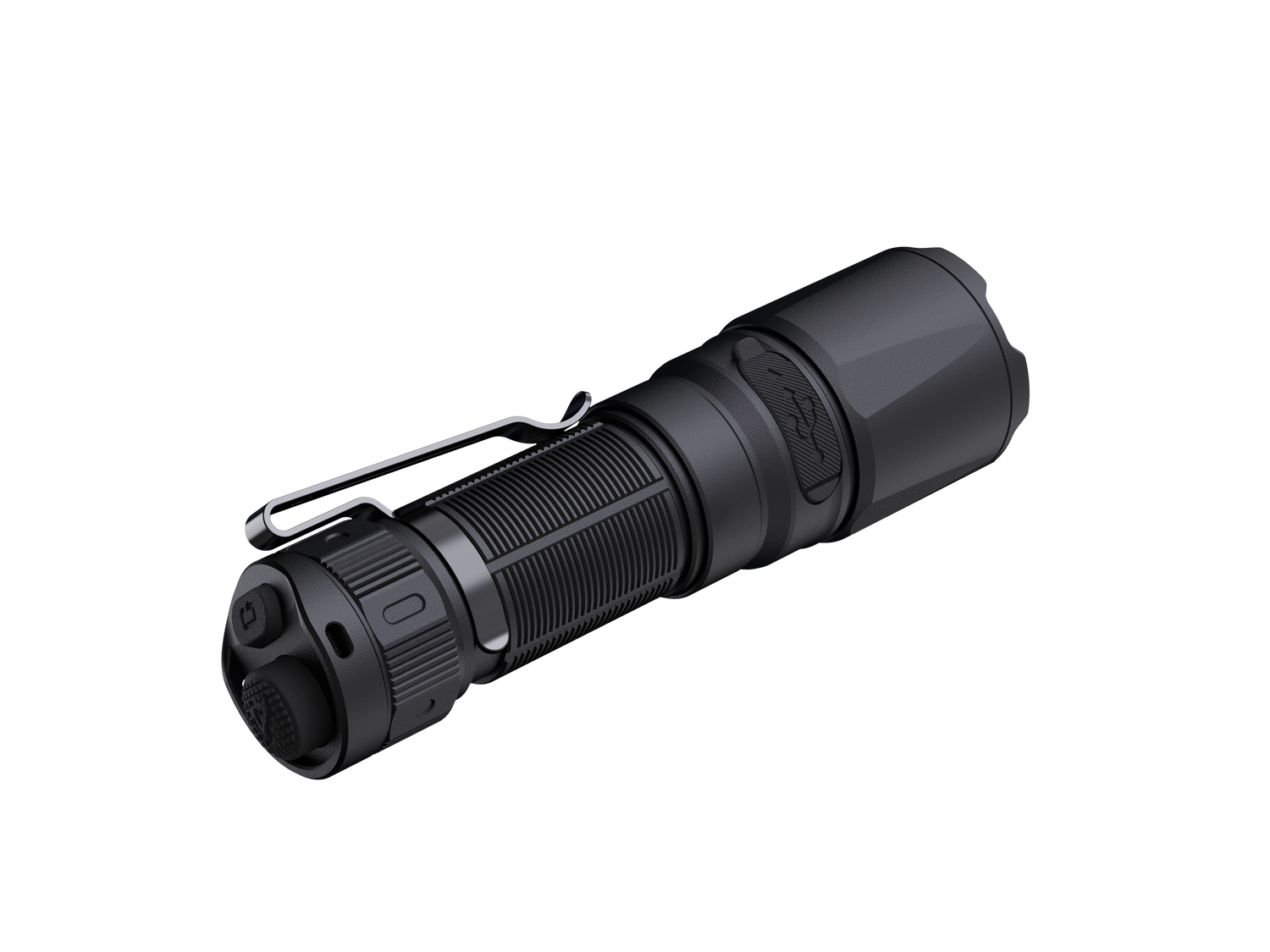 Fenix TK05R compact tactical EDC flashlight with black body and textured grip, shown turned on with beam illuminated.