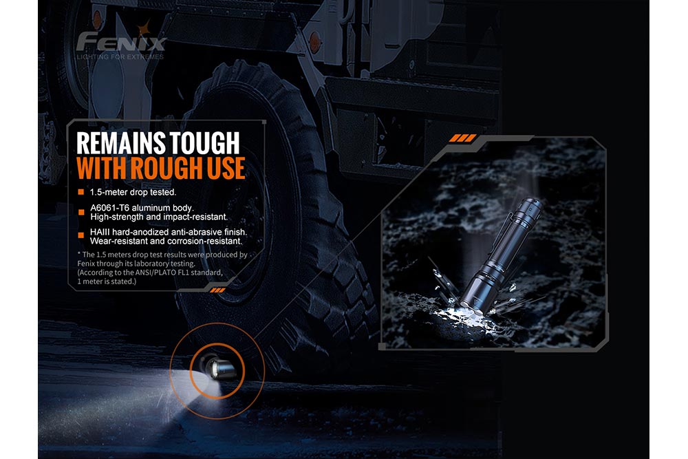 Fenix TK20R V2.0 rechargeable tactical flashlight with adjustable beam and a free T5 tactical pen in black.
