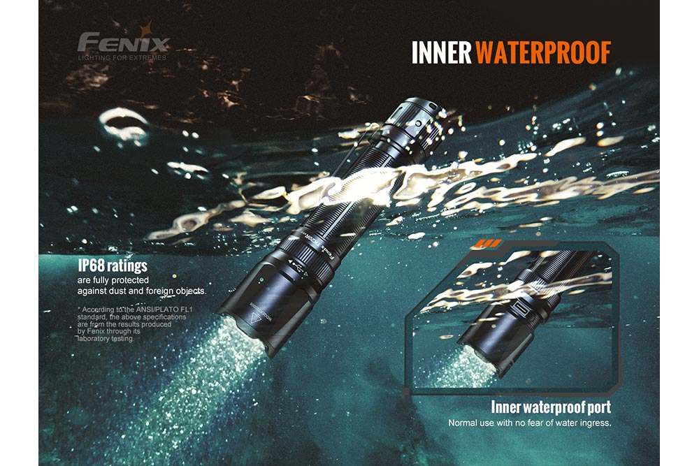 Fenix TK20R V2.0 rechargeable tactical flashlight with adjustable beam and included T5 tactical pen for outdoor or security use.