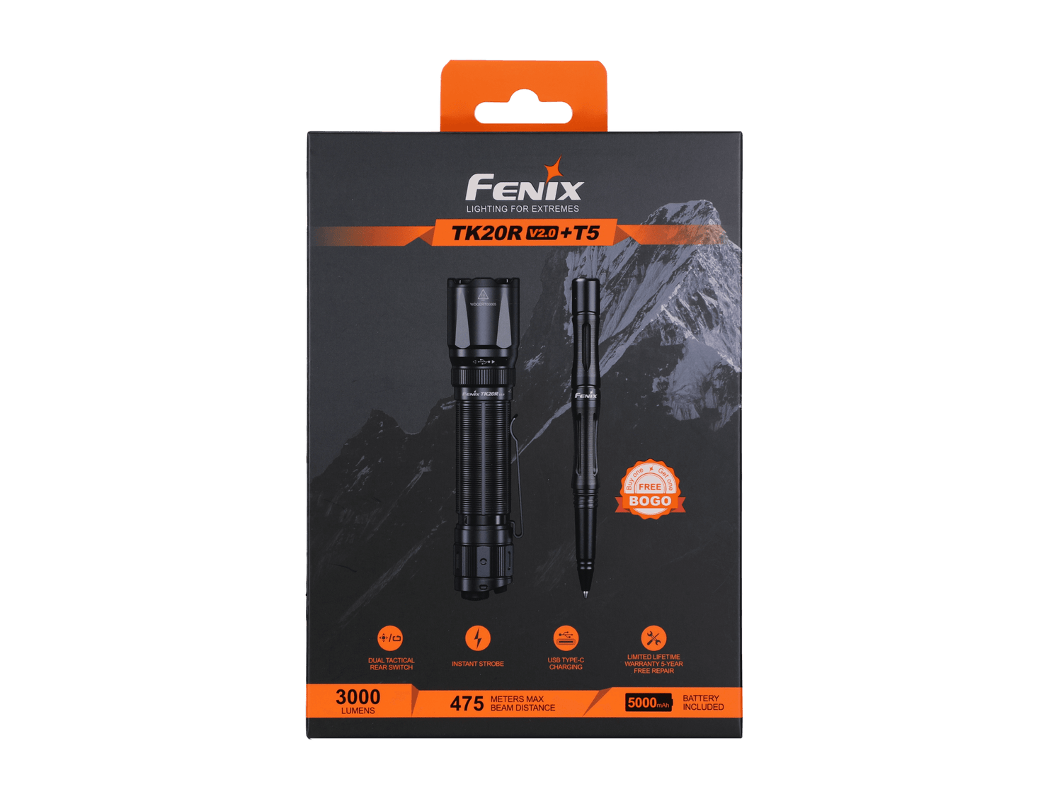 Fenix TK20R V2.0 rechargeable tactical flashlight with focus beam and textured grip, shown alongside an optional tactical pen.