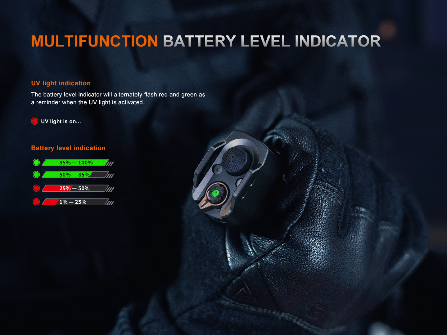 Fenix TK35R rechargeable tactical flashlight with UV output, black body, and textured grip for high-performance illumination.