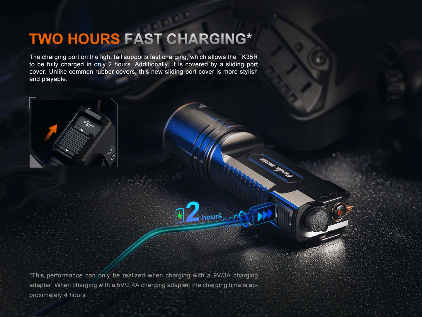 Fenix TK35R rechargeable tactical flashlight with UV output, black body, textured grip, and adjustable zoom for outdoor use.