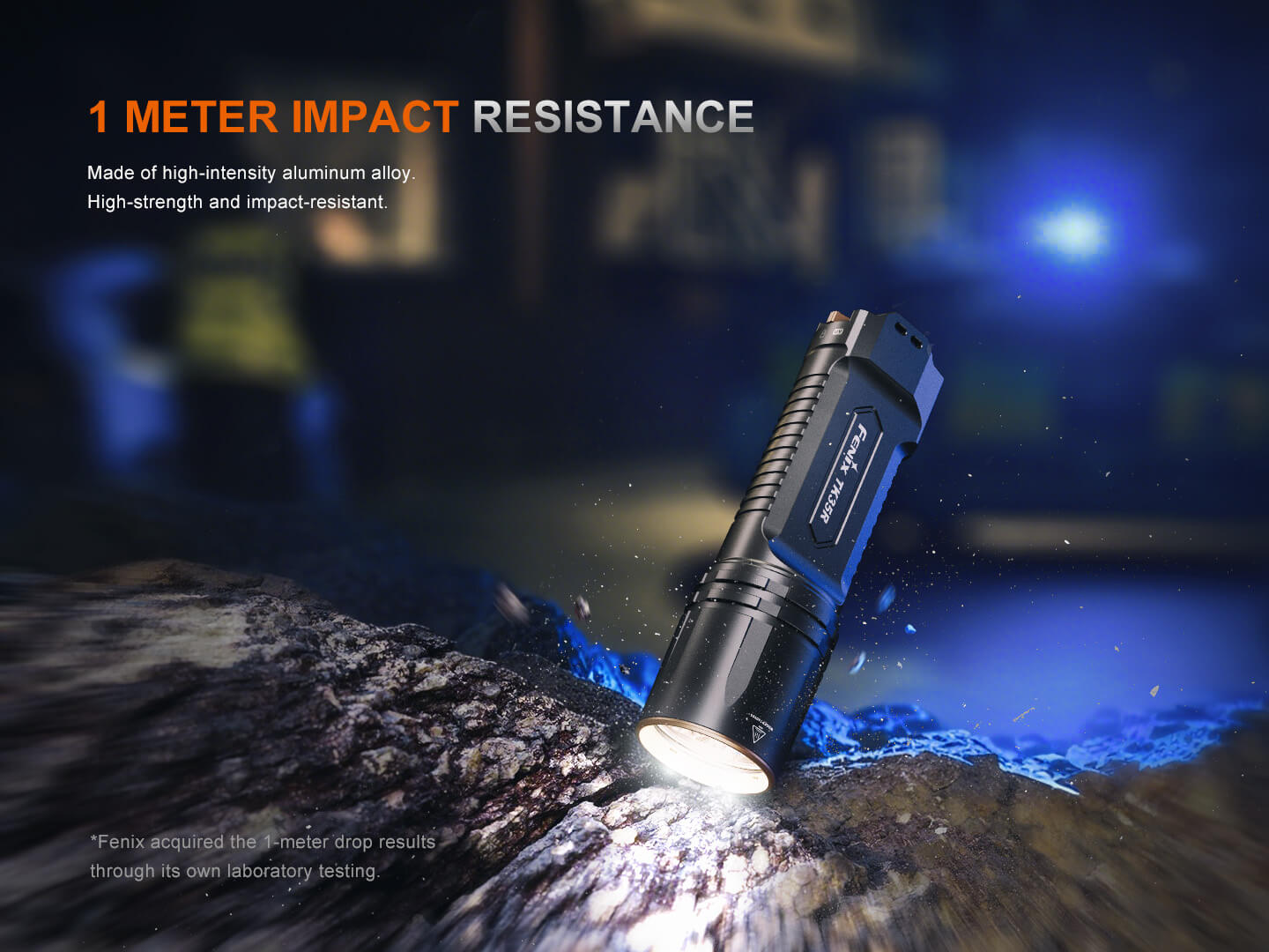 Fenix TK35R rechargeable tactical flashlight with UV light, black body, and adjustable focus for high-performance illumination.