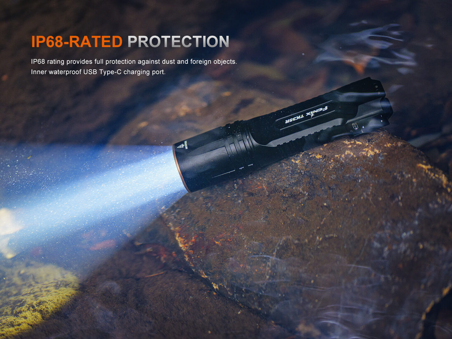 Fenix TK35R rechargeable tactical flashlight with UV light, black body, textured grip, and LED lens on the front.