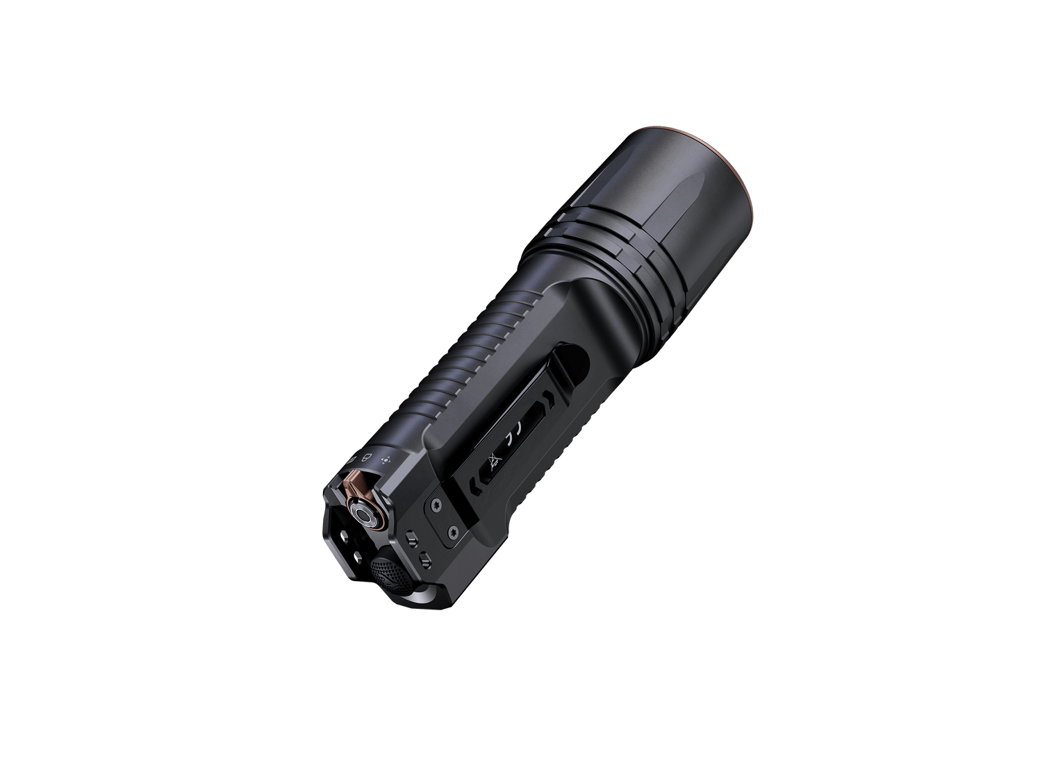 Fenix TK35R rechargeable tactical flashlight with UV light, black body, textured grip, and adjustable beam in a ready-to-use stance.