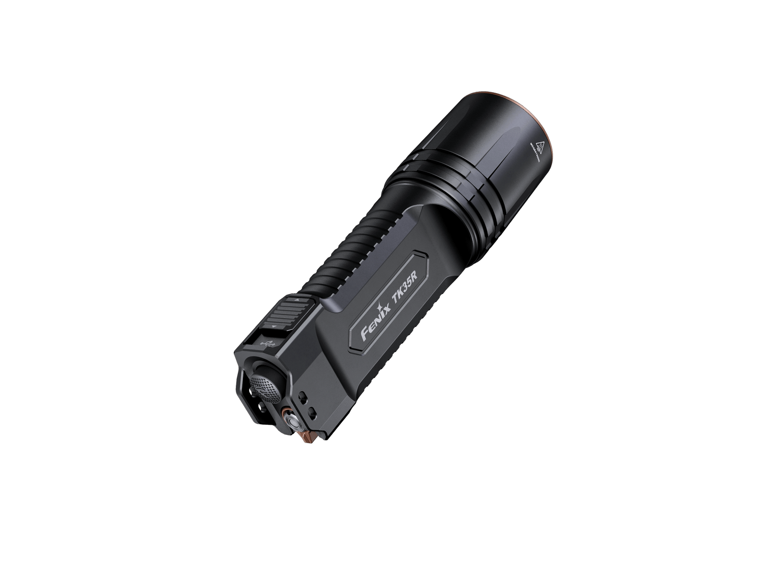 Fenix TK35R rechargeable tactical flashlight with UV output, black body, and textured grip for high-performance illumination.