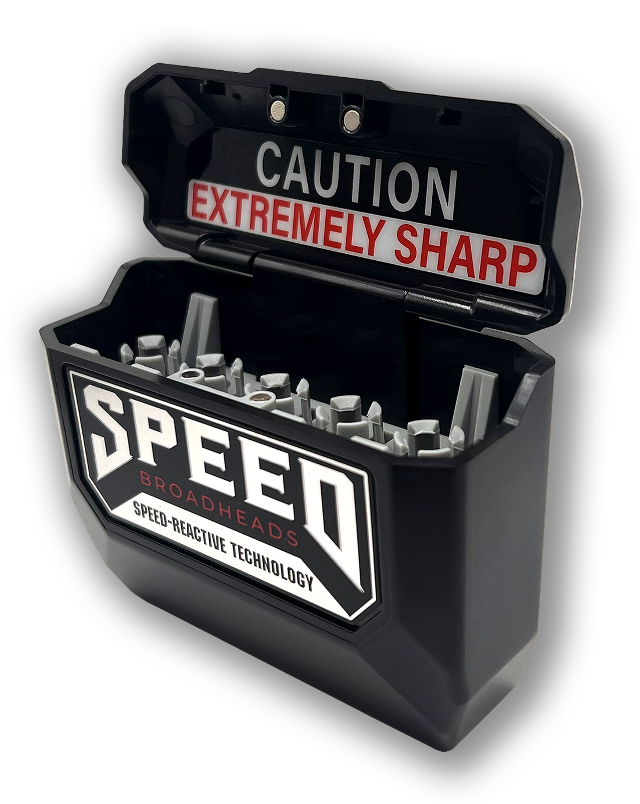 Speed Broadheads broadhead case in black with multiple compartments for storing and organizing archery broadheads.
