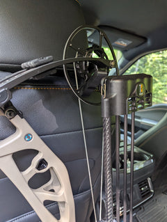 3D Hunting Solutions arrow accessory headrest post bow gear hanger attached to vehicle headrest for easy bow storage.