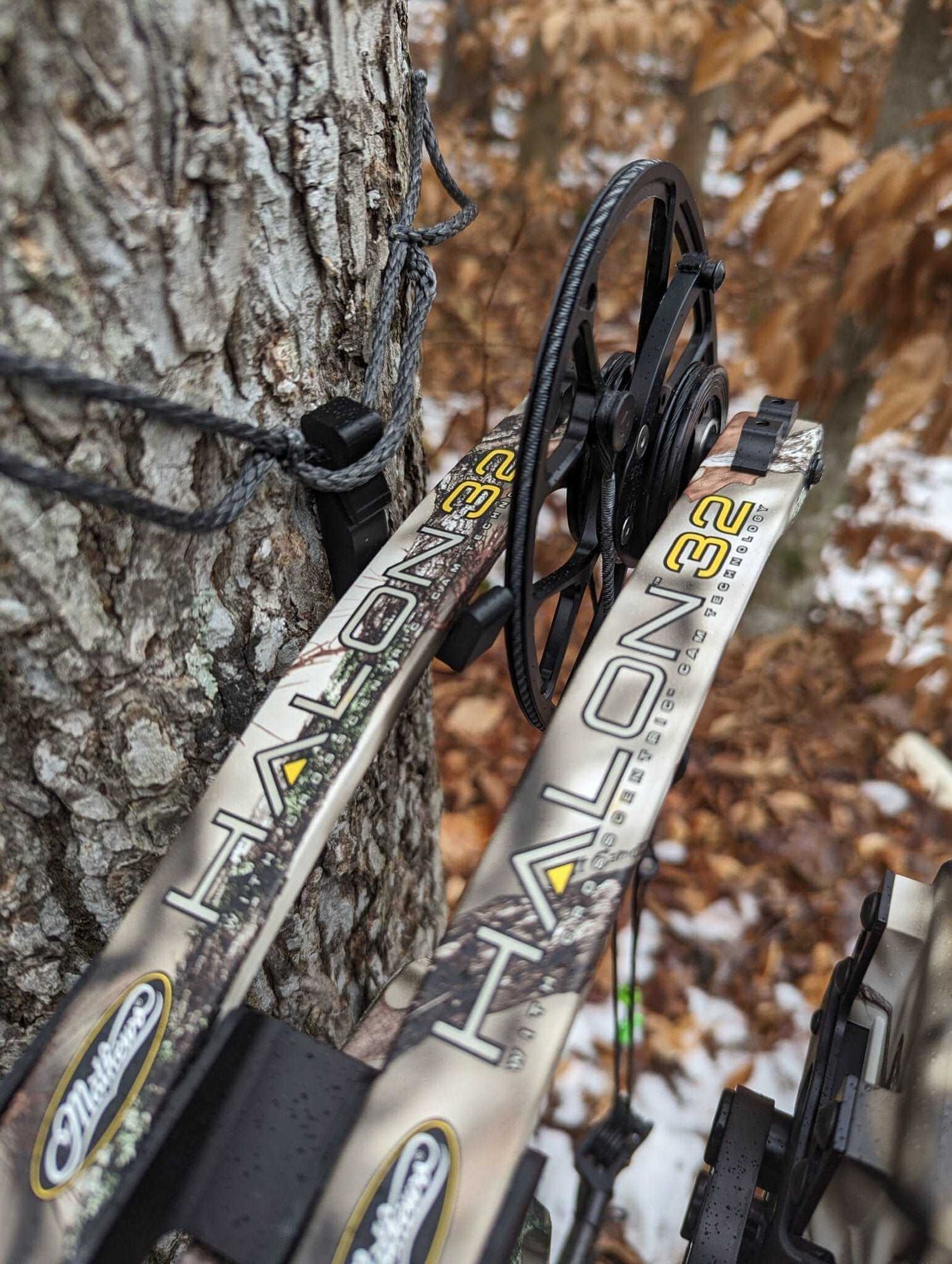 Amsteel Split Limb Bow Hanger by 3D Hunting Solutions mounted on a tree for secure bow storage.