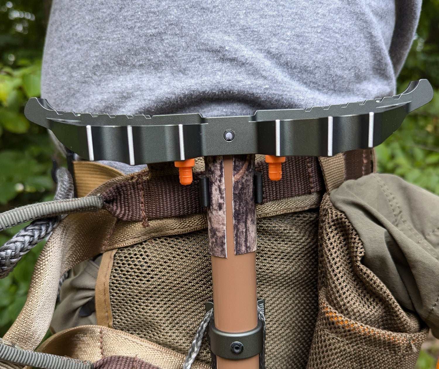 3D Hunting Solutions Tethrd One Stick Caddy for saddle hunting, showing durable storage solution attached to a tree stand