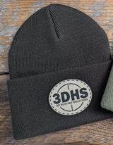 Brown 3DHS Crosshair Beanie hat from 3D Hunting Solutions featuring a logo and comfortable knit design.