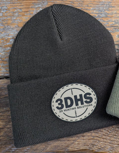 Brown 3DHS Crosshair Beanie hat from 3D Hunting Solutions featuring a logo and comfortable knit design.