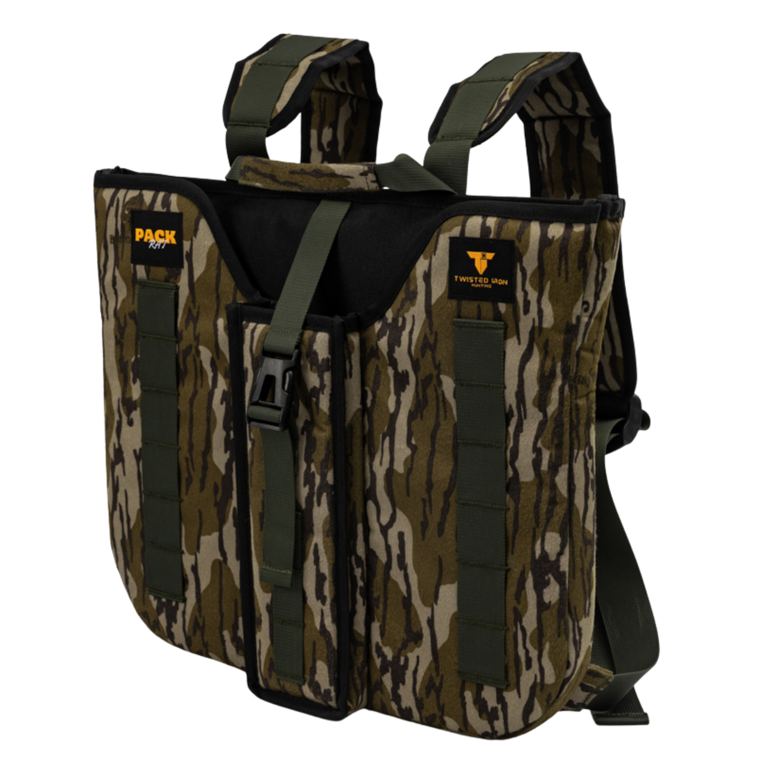 Twisted Iron Hunting Pack Rat Bottomland pack with durable camouflage fabric and multiple compartments for outdoor gear.