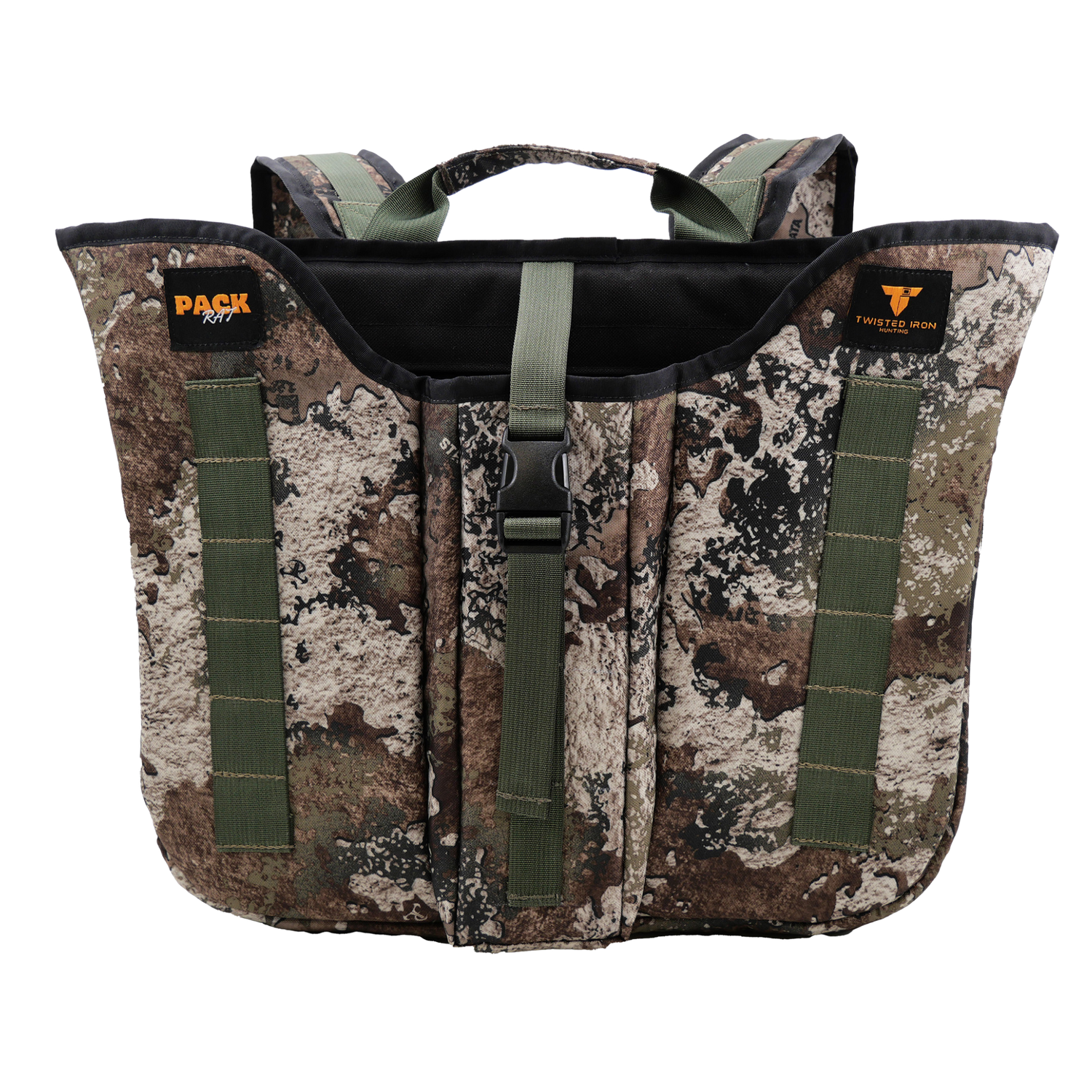 Twisted Iron Hunting Pack Rat DLX in camouflage, showing durable pack with multiple compartments and ergonomic straps for outdoor use.
