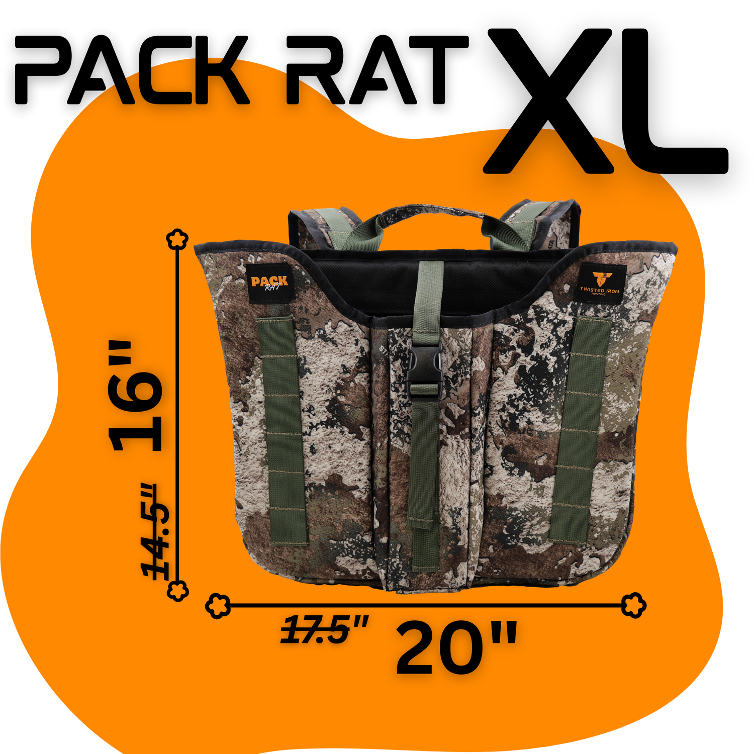 Twisted Iron Hunting Pack Rat DLX outdoor gear in durable camouflage with multiple pockets and adjustable straps for versatile use.