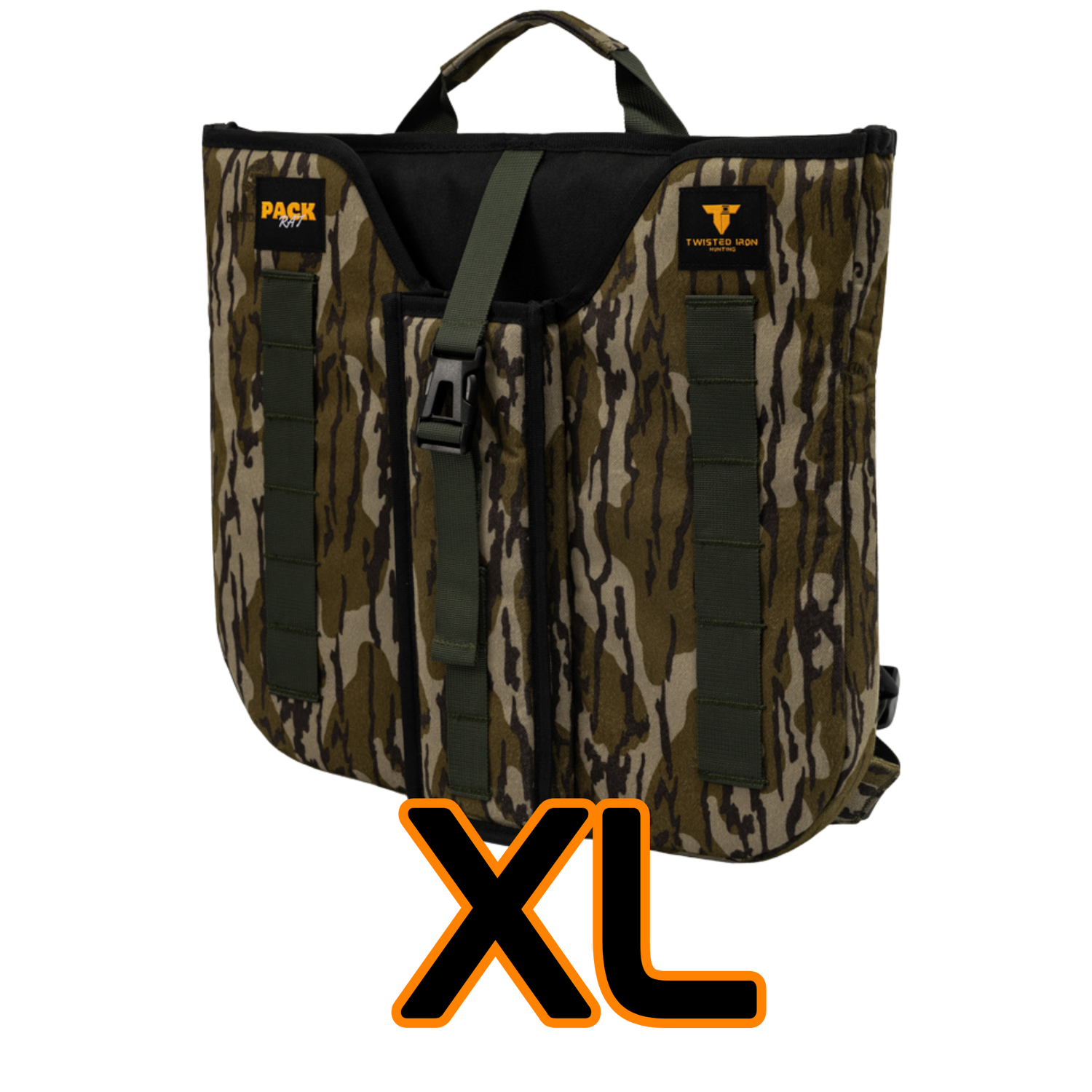 Twisted Iron Hunting Bottomland Pack Rat XL camouflage backpack with multiple compartments and adjustable straps.