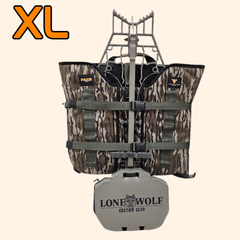 Twisted Iron Hunting Bottomland Pack Rat camouflage backpack hanging from a tree branch in a forest setting.