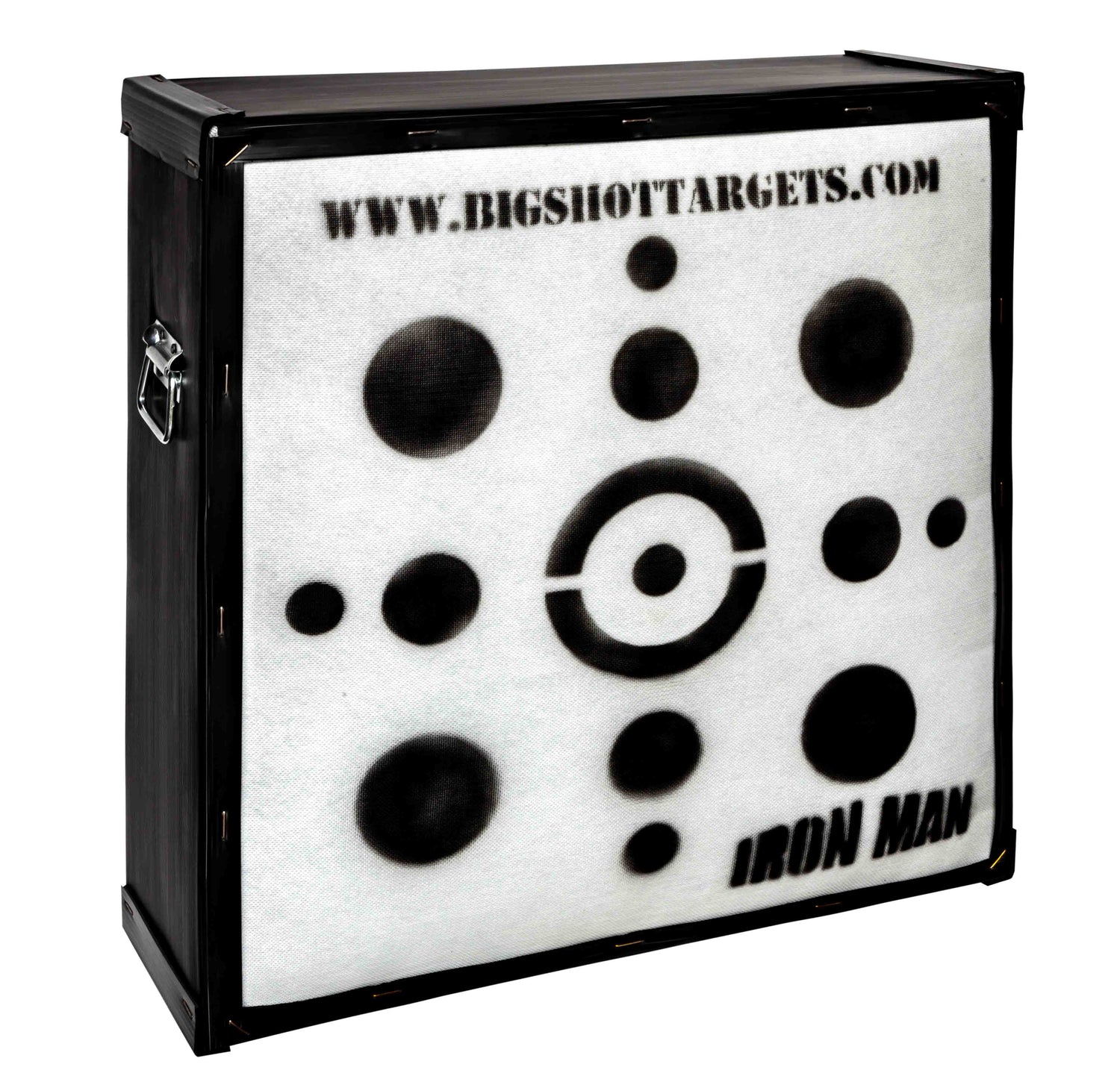 Iron Man 30-inch personal range target bag for archery practice, branded by BIGshot Archery, featuring a detailed Iron Man design.