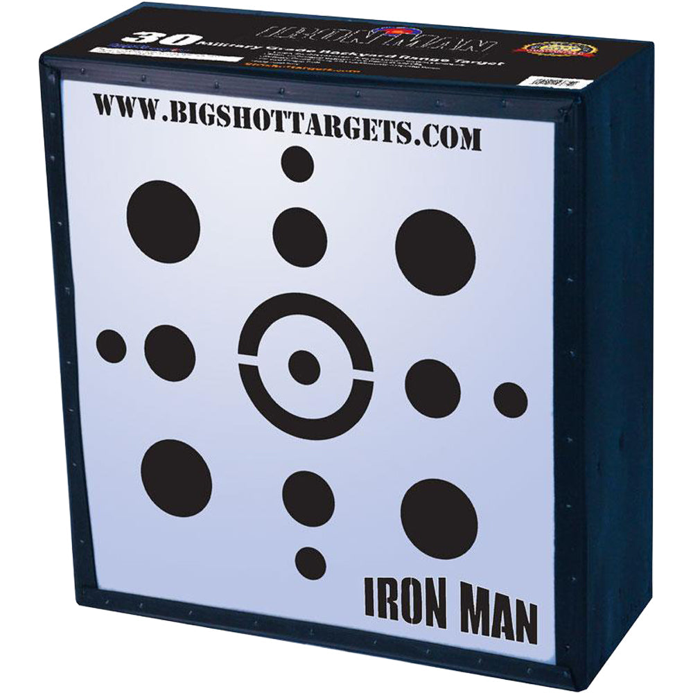Iron Man 30-inch personal range target with stand, designed for archery practice by BIGshot Archery, featuring a detailed Iron Man graphic.