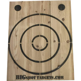 Wooden axe throwing target with bottle opener from BIGshot Archery, featuring durable wood and a built-in bottle opener for outdoor fun.