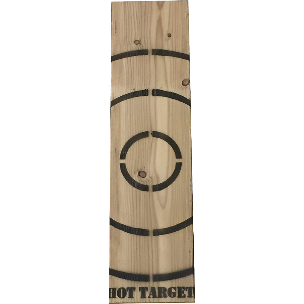 Wooden axe throwing target with built-in bottle opener by BIGshot Archery, featuring a rustic design and target rings.