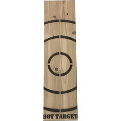 Wooden axe throwing target with built-in bottle opener by BIGshot Archery, featuring a rustic design and target rings.