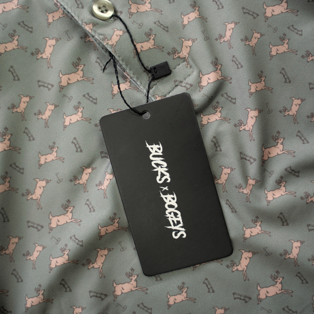 Bow Crew Apparel Bows & Bucks golf polo t-shirt featuring bow hunting and buck design, ideal for outdoor sports and casual wear.