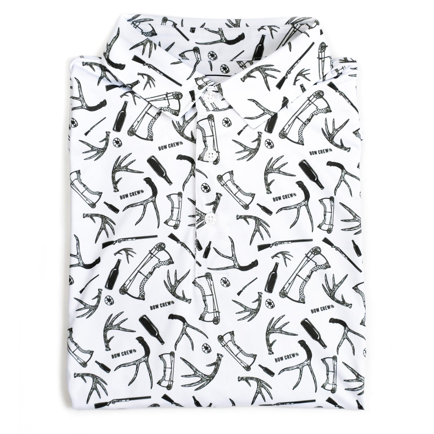 Bow Crew Apparel Bucks & Bogeys golf polo t-shirt featuring a stylish design, perfect for outdoor and bow hunting enthusiasts.