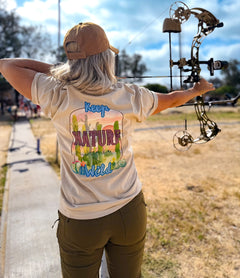 Tan short sleeve Nature Tee by Bow Disciples, featuring a nature-inspired design on soft fabric.