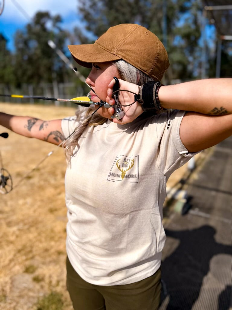 Tan short sleeve Nature Tee by Bow Disciples, featuring a natural-themed design on the front.