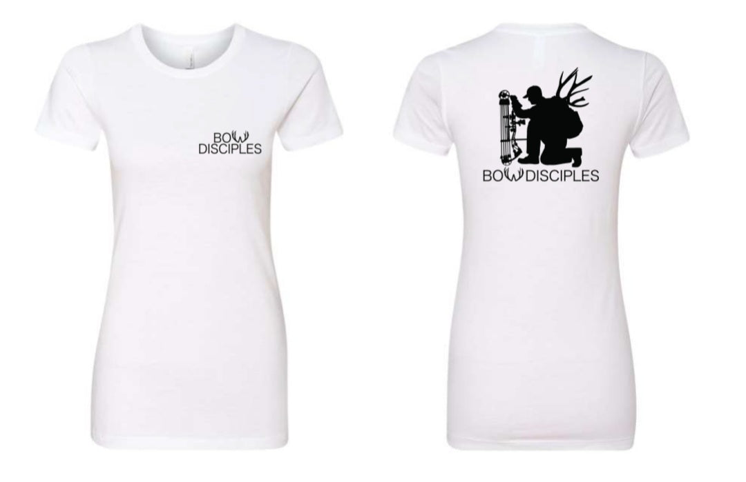 White Houdini Ladies Tee by Bow Disciples, featuring a comfortable fit and classic design, shown on a plain background.