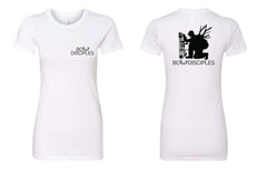 White Houdini Ladies Tee by Bow Disciples, featuring a comfortable fit and classic design, shown on a plain background.