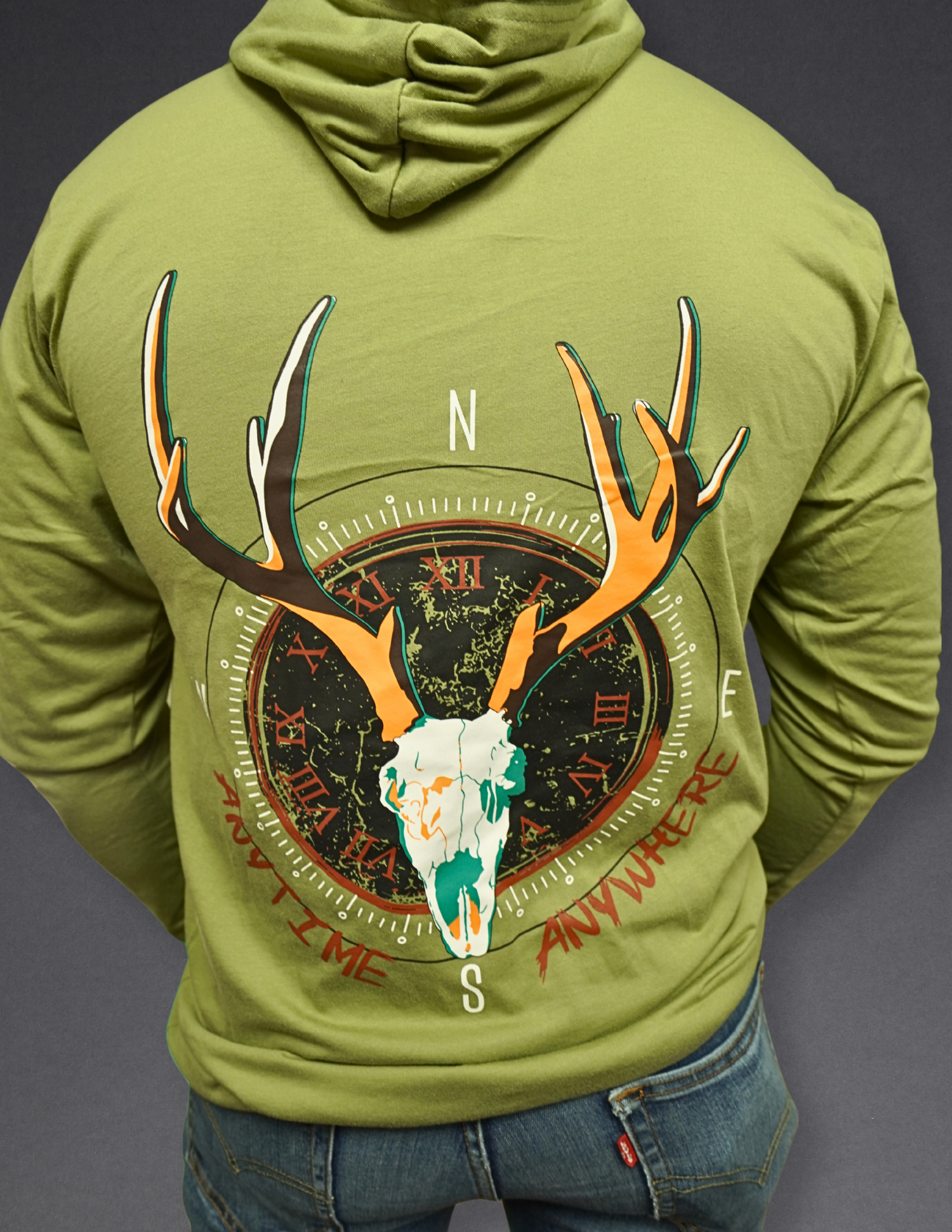 Bow Disciples Pitchfork Compass hooded long sleeve shirt, front view showing the design and comfortable fabric.