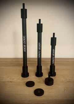 Catalyst Archery 6-inch bow hunting stabilizers attached to a compound bow for improved balance and stability during shooting.