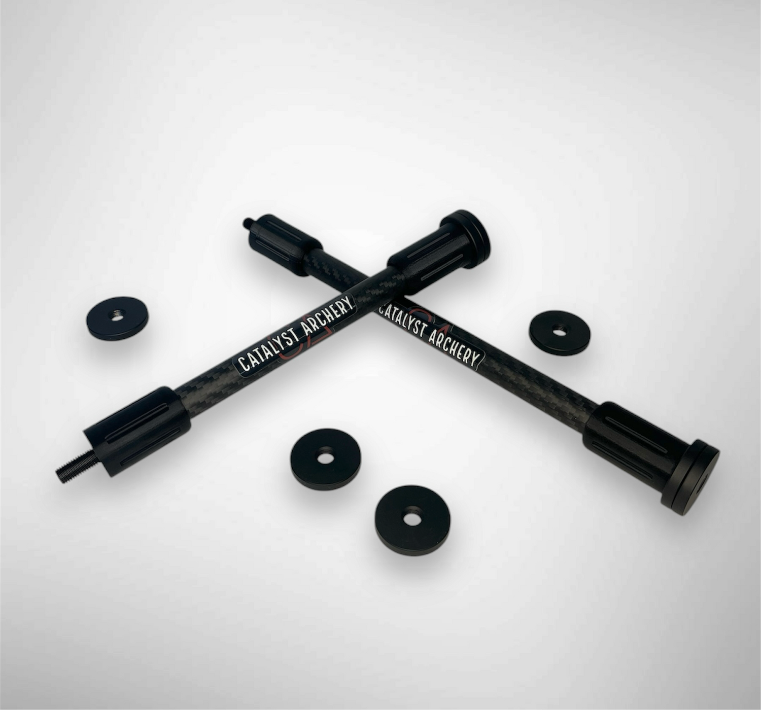 Catalyst Archery bow hunting stabilizer set with 8-inch and 6-inch stabilizers for improved balance and stability.