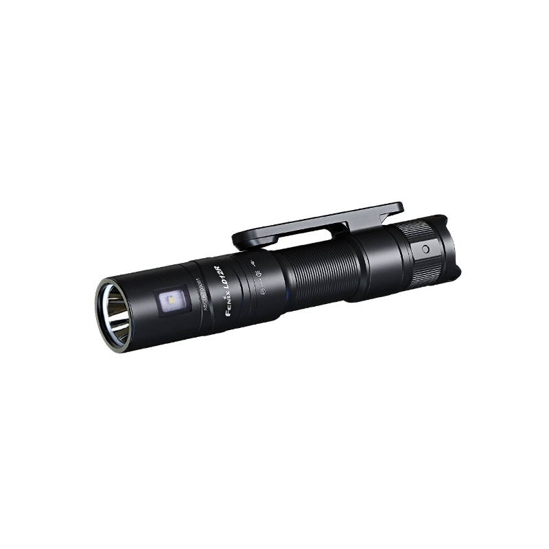 Fenix LD12R dual light EDC flashlight with 600 lumens, compact design, and adjustable focus, shown in a natural outdoor setting.