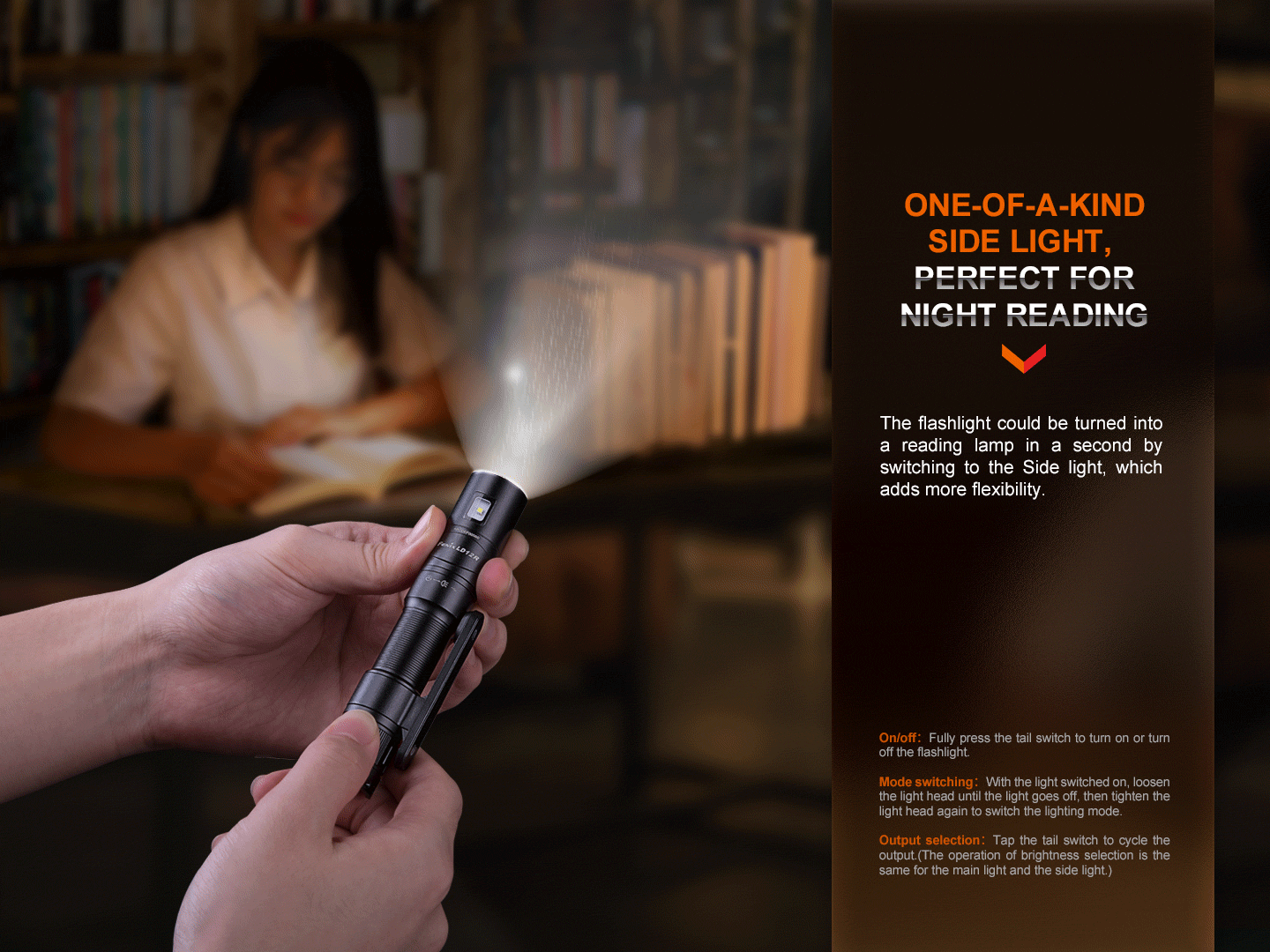 Fenix LD12R dual light EDC flashlight with 600 lumens, compact handheld design, black body, and adjustable focusing features.