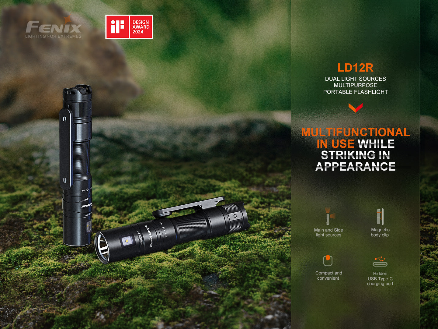 Fenix LD12R dual light EDC flashlight with 600 lumens, compact design, and durable build for everyday carry.