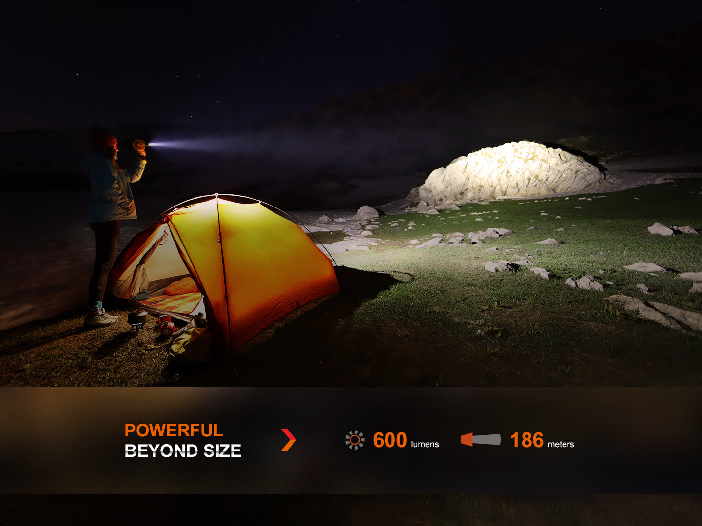Fenix LD12R dual light EDC flashlight with 600 lumens, compact handheld design, black body, and adjustable beam.
