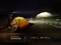 Fenix LD12R dual light EDC flashlight with 600 lumens, compact handheld design, black body, and adjustable beam.
